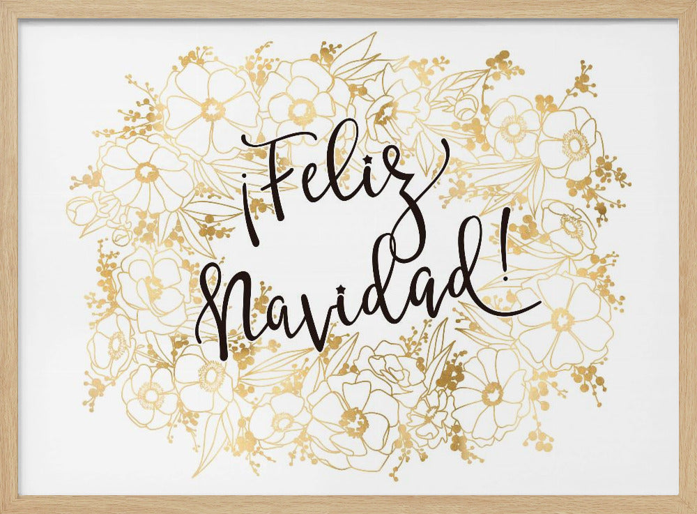 Feliz Navidad with golden flowers Poster