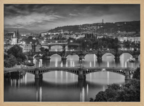 Evening view over the Vltava bridges in Prague - Monochrome Poster