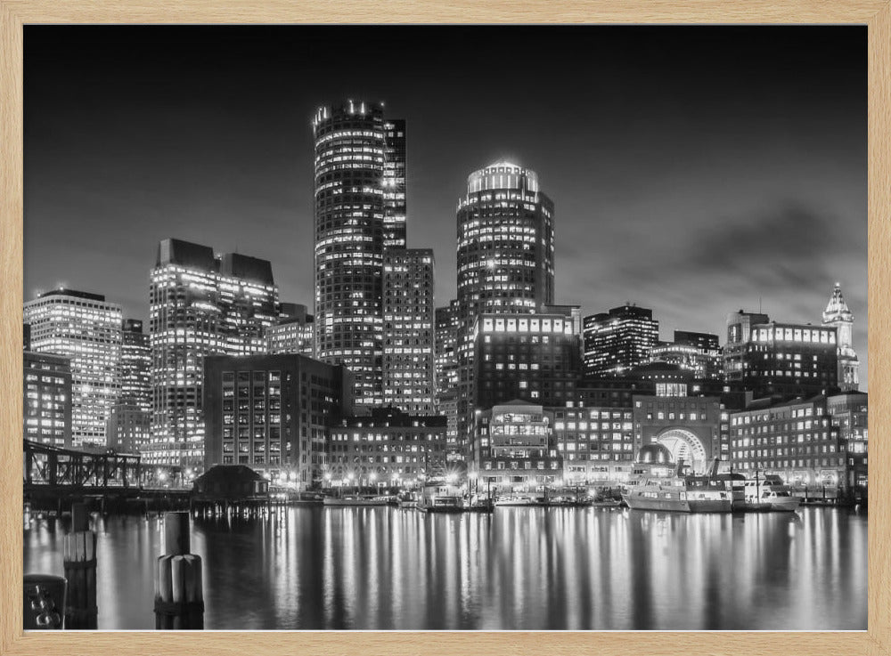 BOSTON Fan Pier Park &amp; Skyline in the evening - Monochrome Panoramic Poster