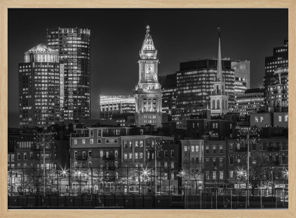 BOSTON Monochrome evening skyline of North End &amp; Financial District Poster