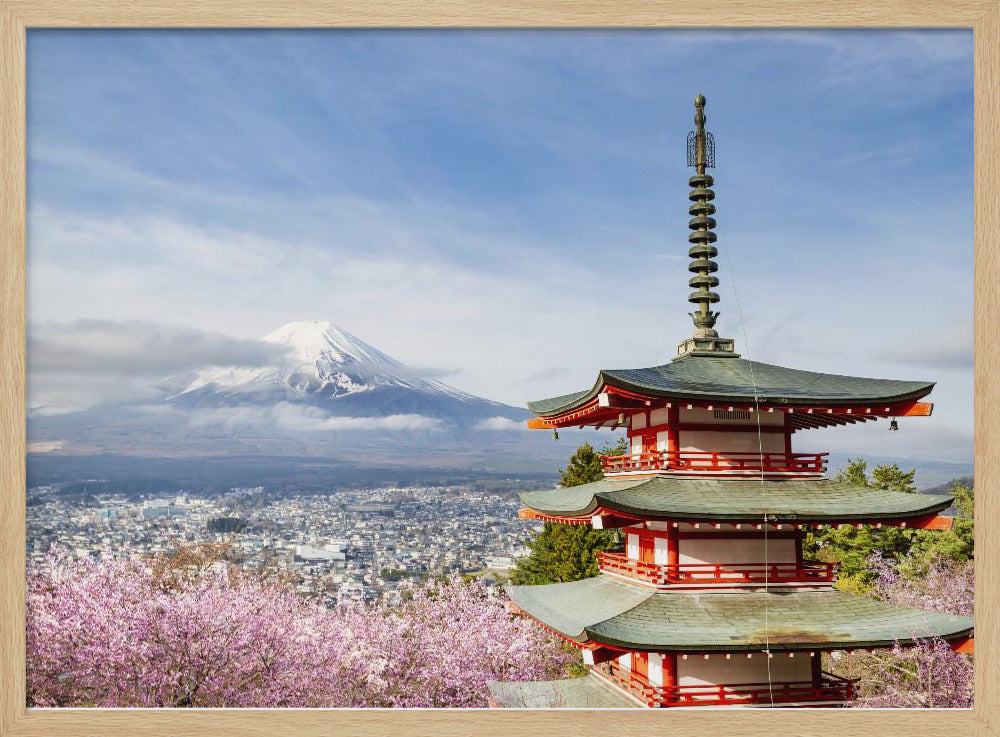 Magnificent view of Mount Fuji with Chureito Pagoda during cherry blossom season Poster