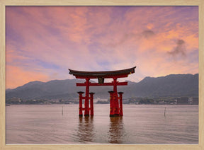 Vermilion Torii of Itsukushima Shrine on Miyajima at sunset Poster