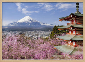 Gorgeous panoramic view of Mount Fuji with Chureito Pagoda during cherry blossom season Poster