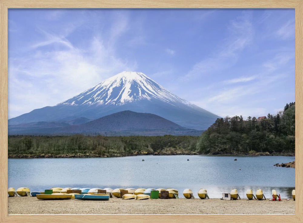 Idyllic Lake Shoji with majestic Mount Fuji Poster