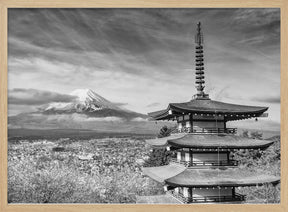 Magnificent view of Mount Fuji with Chureito Pagoda during cherry blossom season - monochrome Poster