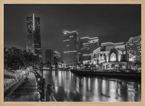 Fascinating Yokohama skyline at night - monochrome Poster