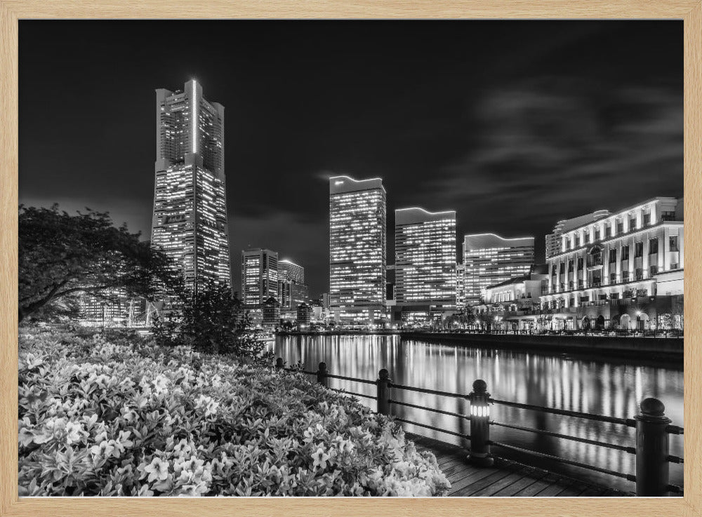 Idyllic Yokohama skyline at night - monochrome Poster