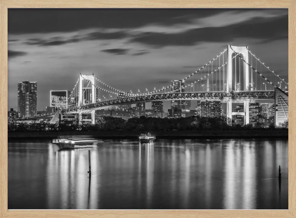 Charming Rainbow Bridge and Tokyo Skyline at sunset - monochrome panorama Poster