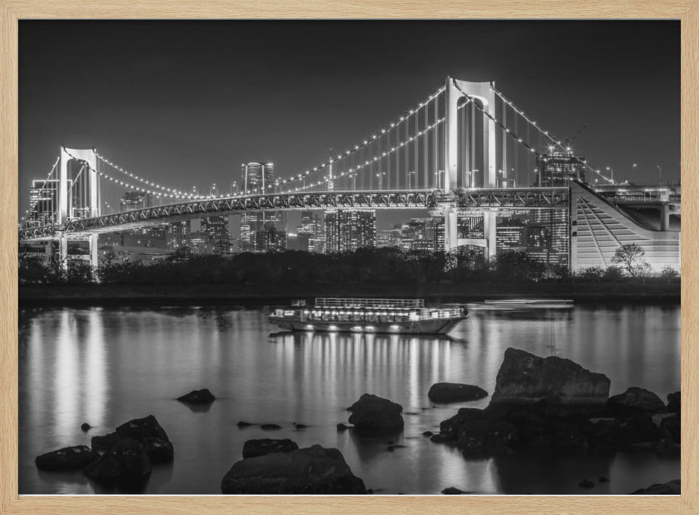 Striking Rainbow Bridge with Tokyo Skyline in the evening - monochrome panorama Poster