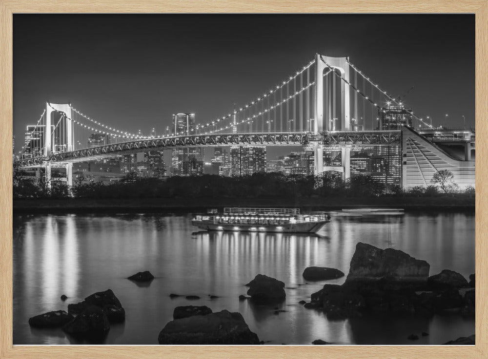 Charming Rainbow Bridge with Tokyo Skyline in the evening - monochrome panorama Poster