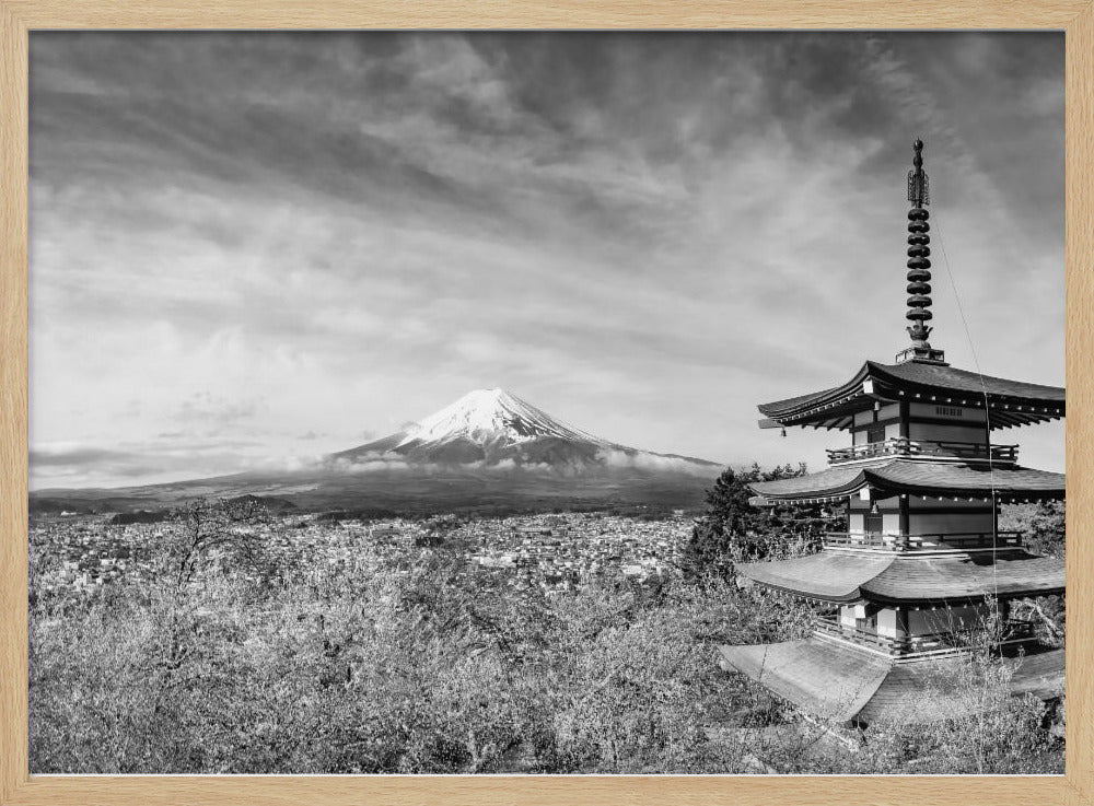 Magnificent panoramic view of Mount Fuji with Chureito Pagoda during cherry blossom season - monochrome Poster