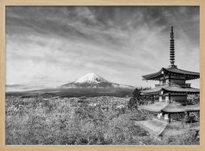 Magnificent panoramic view of Mount Fuji with Chureito Pagoda during cherry blossom season - monochrome Poster