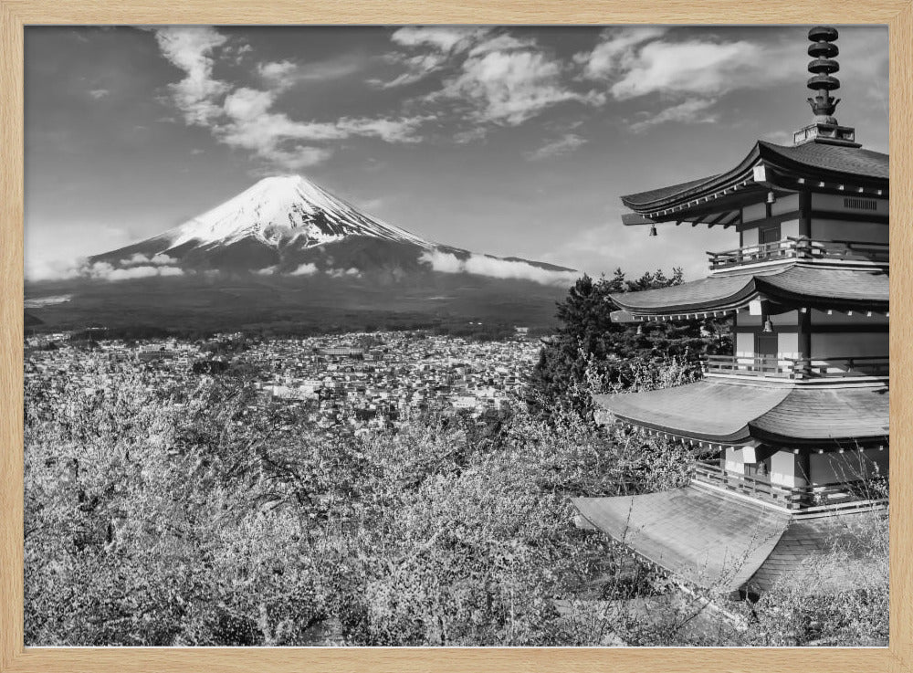 Gorgeous panoramic view of Mount Fuji with Chureito Pagoda during cherry blossom season - monochrome Poster