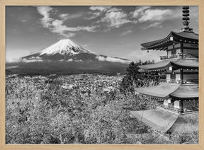 Picturesque view of Mount Fuji with Chureito Pagoda during cherry blossom season - monochrome Poster