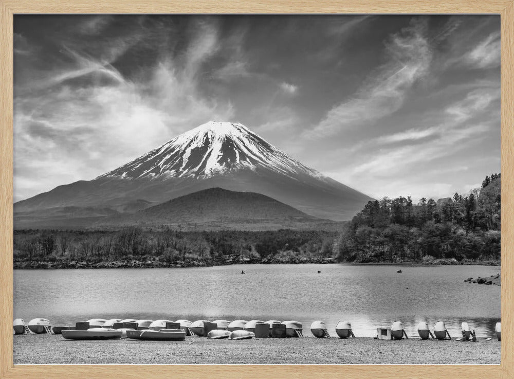 Idyllic Lake Shoji with majestic Mount Fuji - monochrome Poster