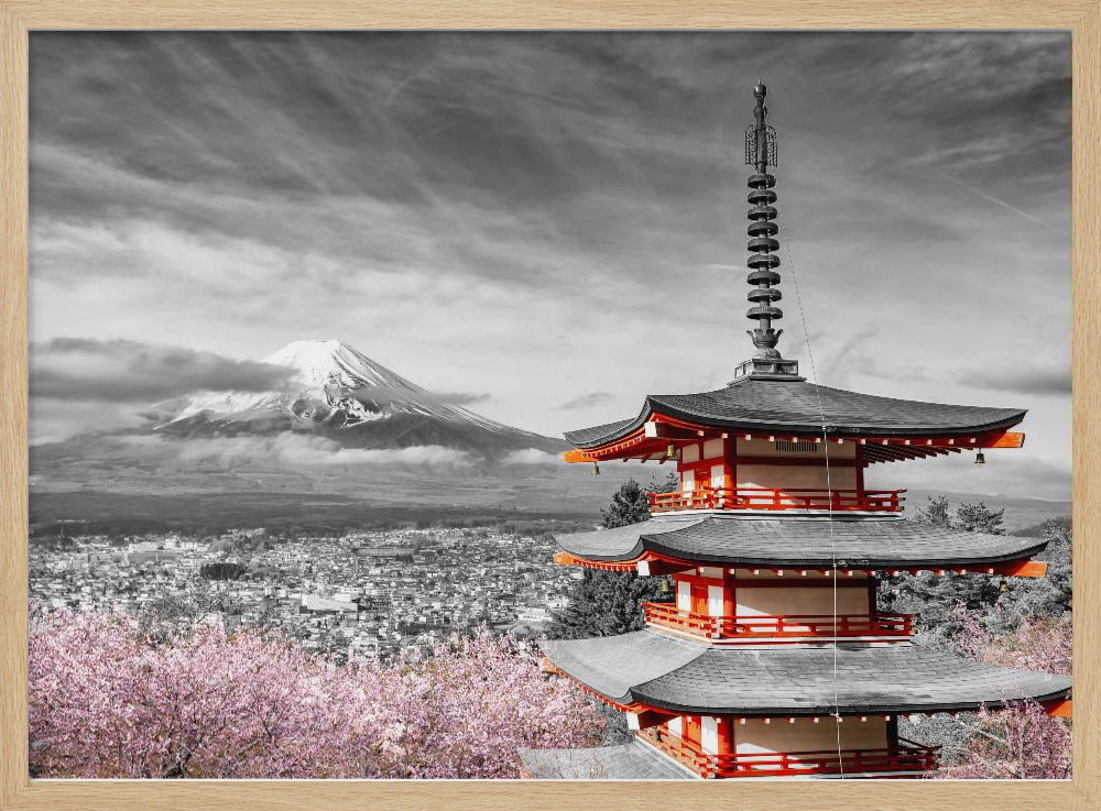 Magnificent view of Mount Fuji with Chureito Pagoda during cherry blossom season - colorkey Poster