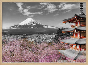 Lovely view of Mount Fuji with Pagoda and Cherry Trees - colorkey Poster