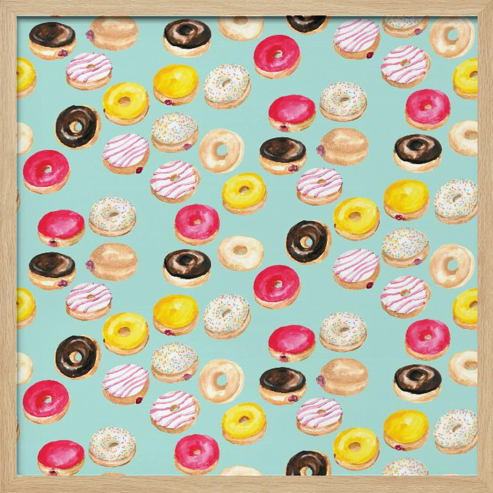 Watercolor donuts pattern in aqua Poster