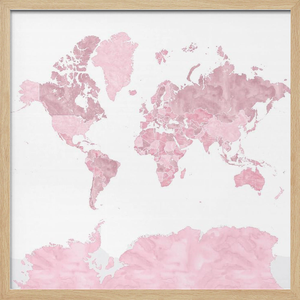 Pink watercolor world map with outlined countries, Melit Poster