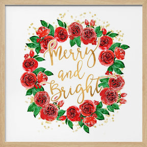 Merry and bright wreath of red English roses Poster