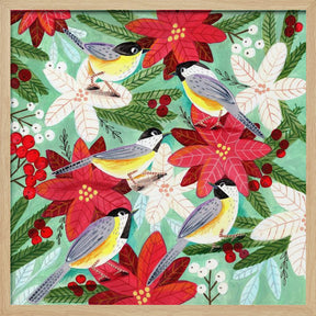 Winter birds tits and Christmas flowers Poster