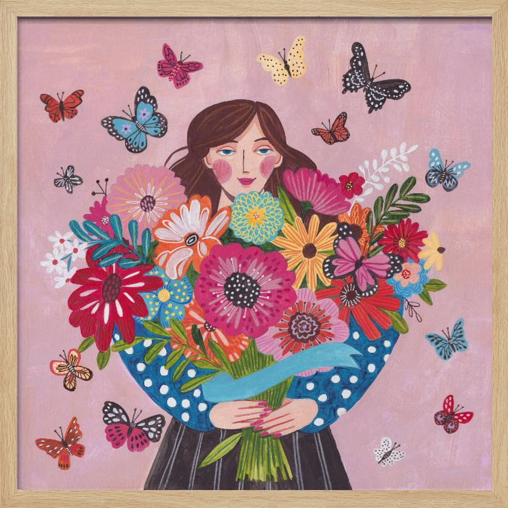 Woman with flower bouquet Poster