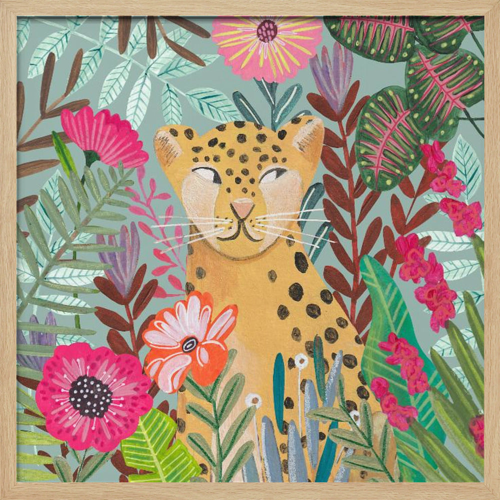 Leopard in floral jungle Poster
