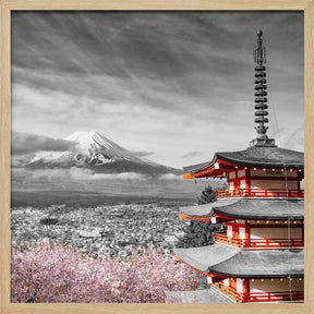 Lovely view of Mount Fuji with Chureito Pagoda during cherry blossom season - colorkey Poster