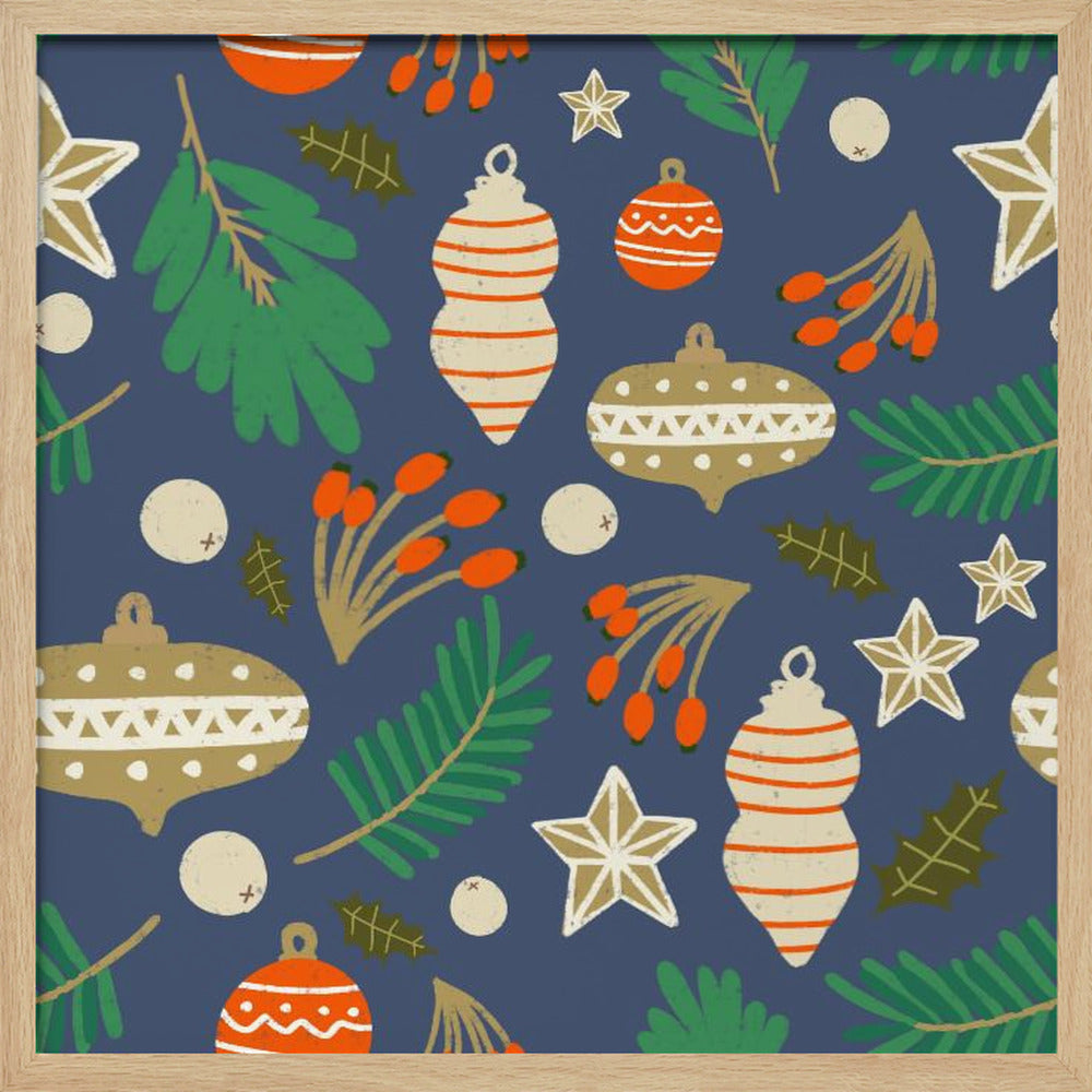 Christmas Baubles and Winter Foliage Blue Poster