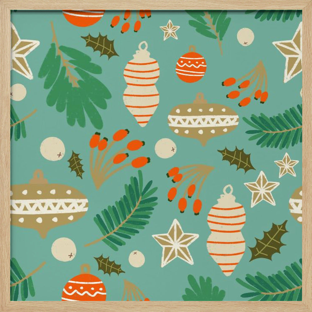 Christmas Baubles and Winter Foliage Retro Blue Poster