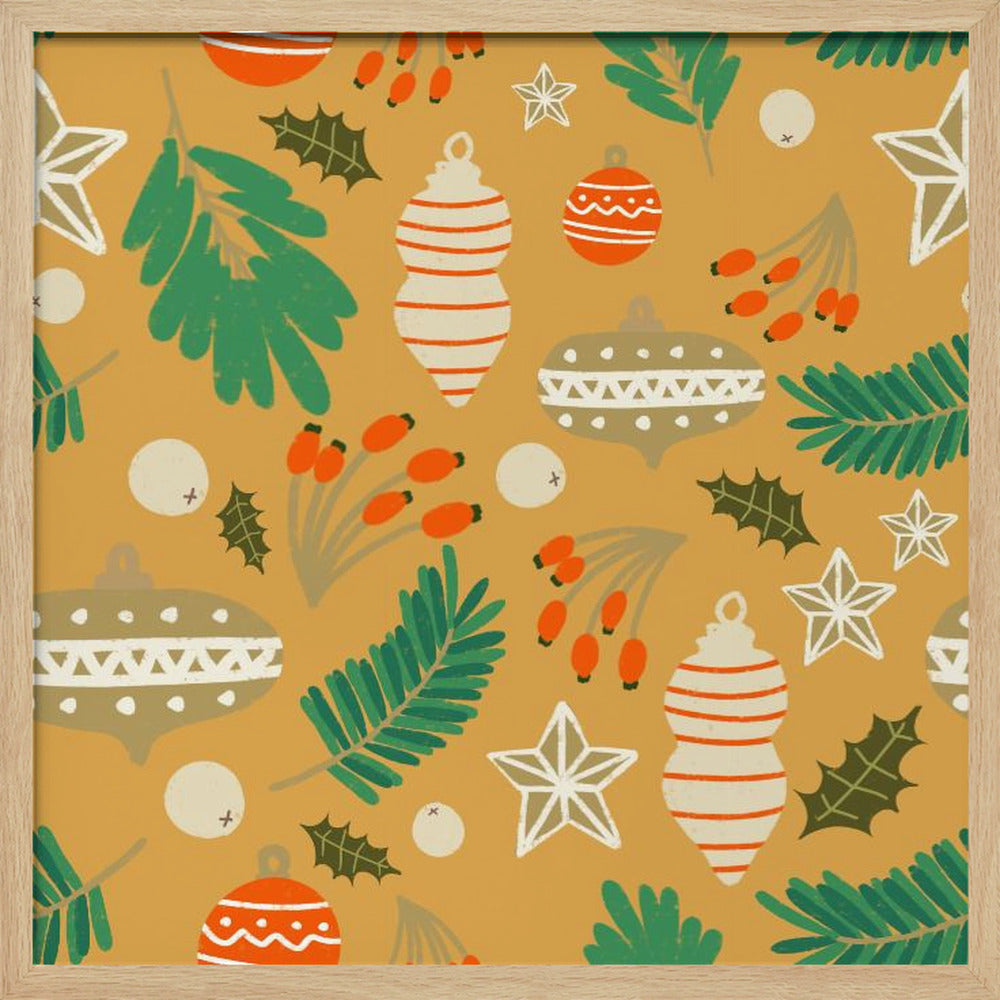 Christmas Baubles and Winter Foliage Yellow Poster