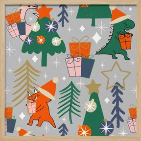 Dinosaurs Christmas Party Grey Poster