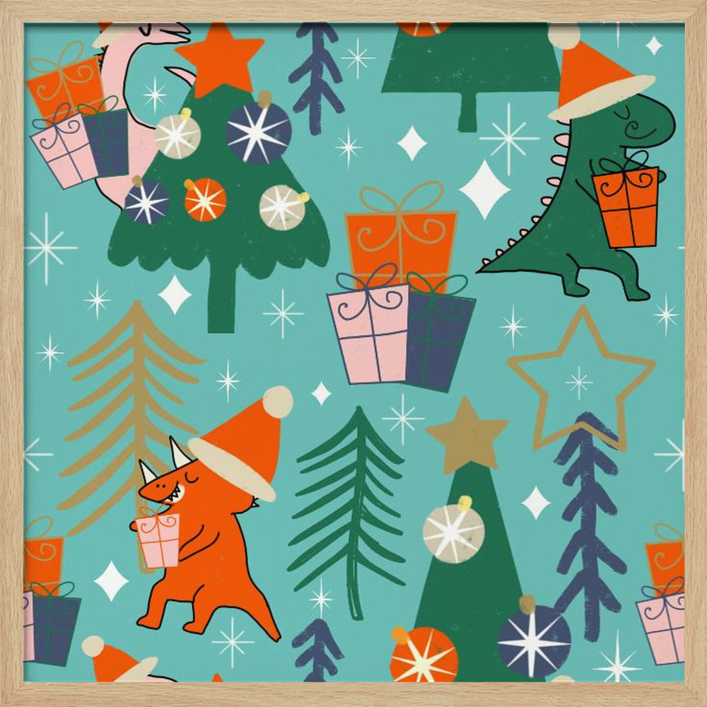 Dinosaurs Christmas Party Baby Blue Poster