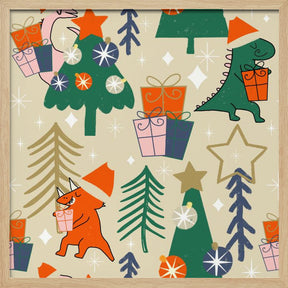 Dinosaurs Christmas Party Beige Poster