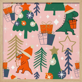 Dinosaurs Christmas Party Pink Poster