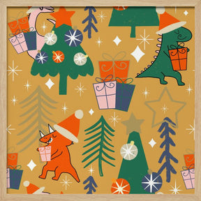 Dinosaurs Christmas Party Yellow Poster