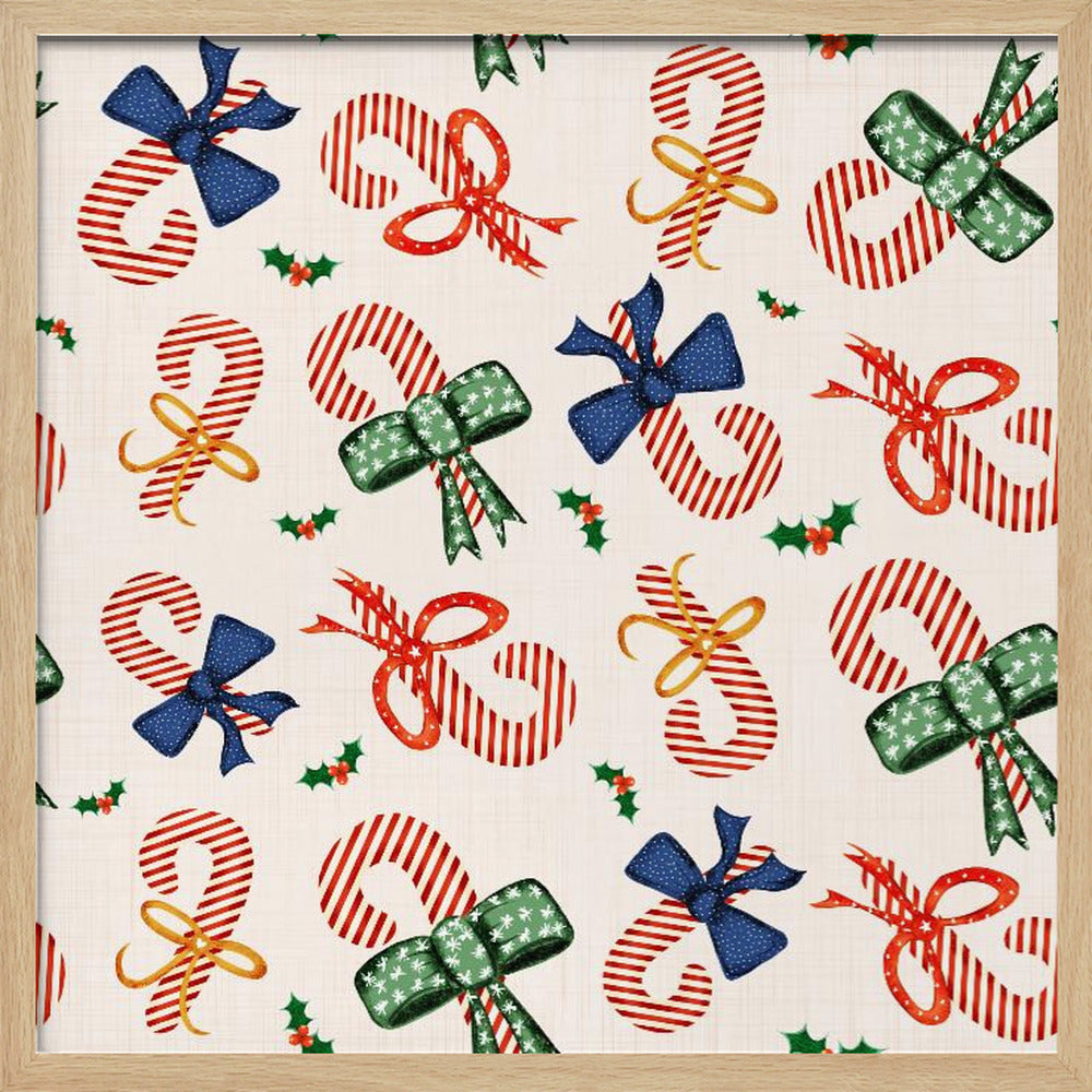 Preppy Festive Candy Cane &amp; Bows Beige Poster