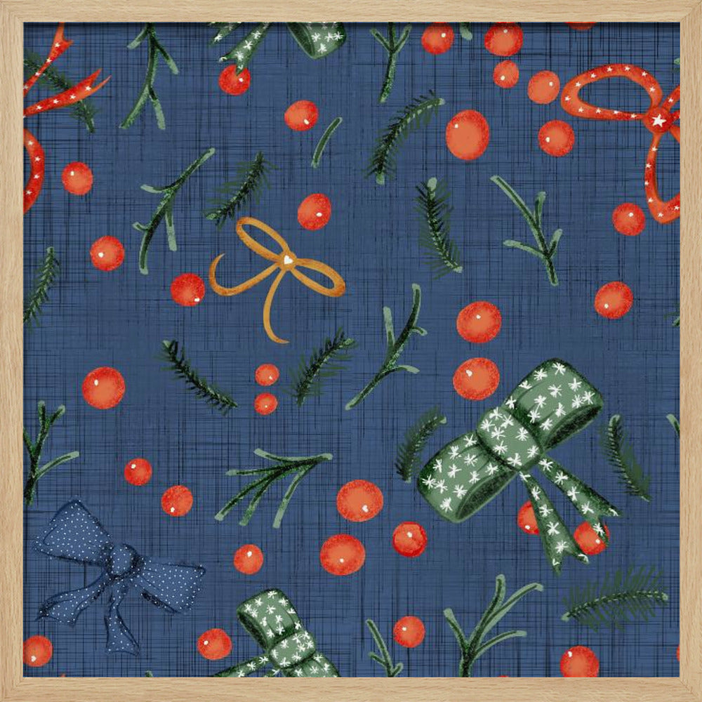 Moody Yuletide Holiday Bows and Berries Blue Poster