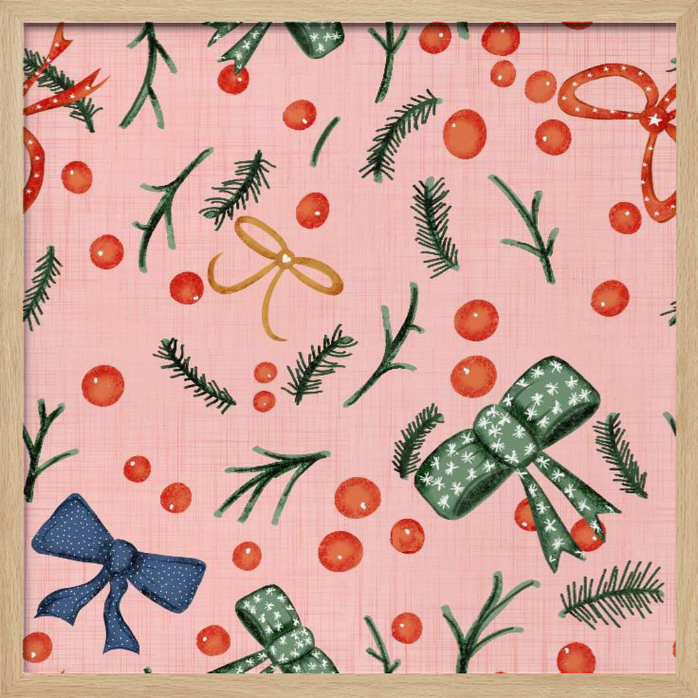 Moody Yuletide Holiday Bows and Berries Pink Poster