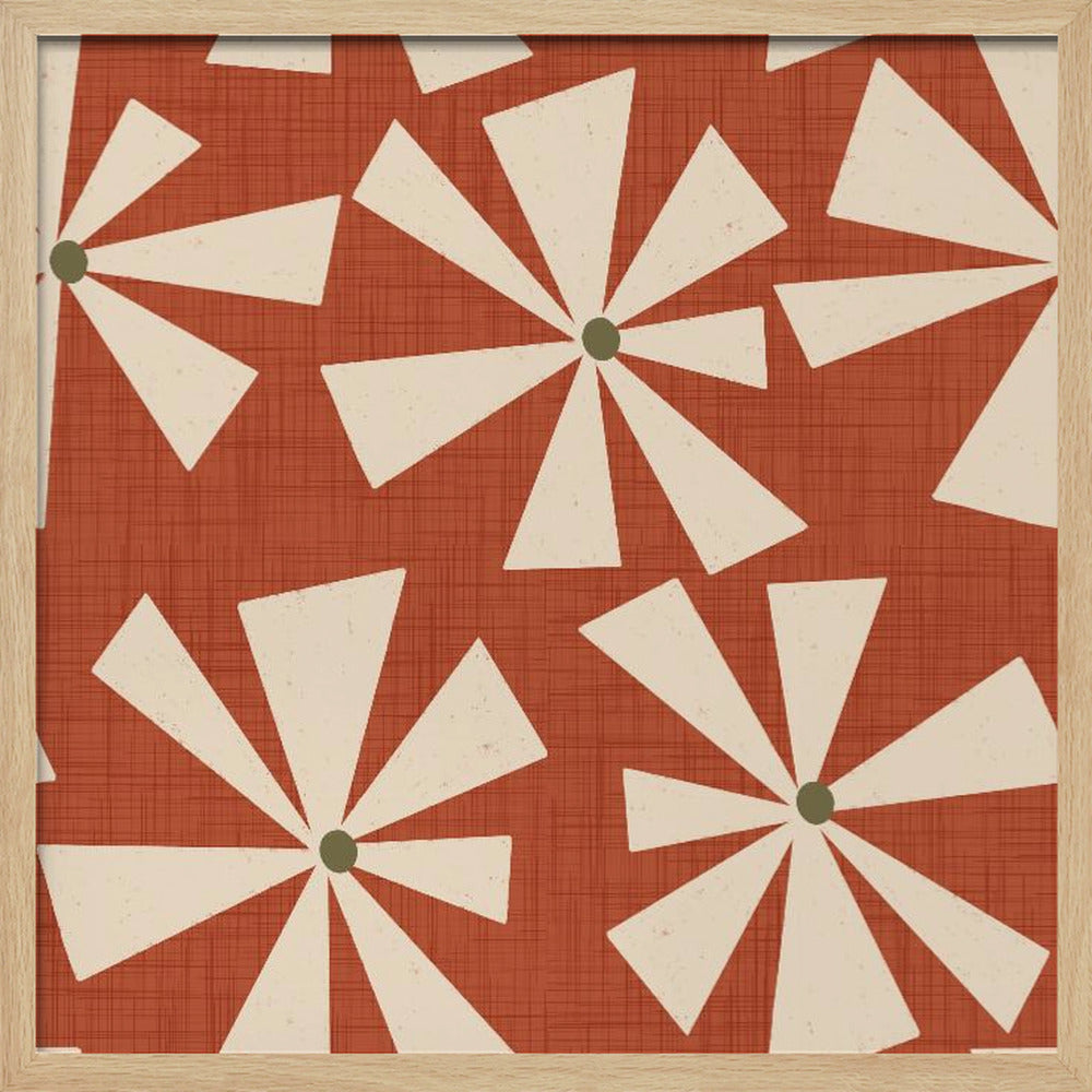 Geometric Floral Burst - Mid Century Flowers Rust Red Poster