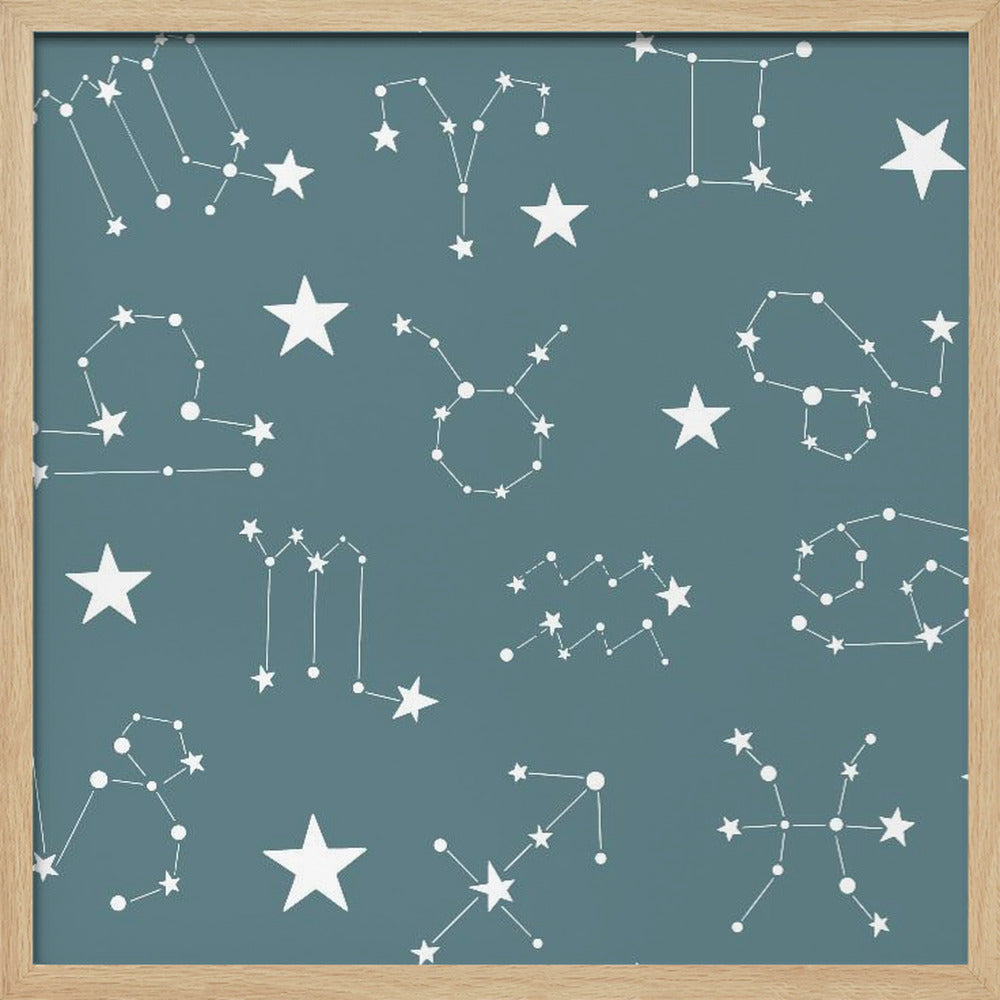 Celestial Constellation Boho-Moon and Stars In Dark Neutral-Slate Teal Poster