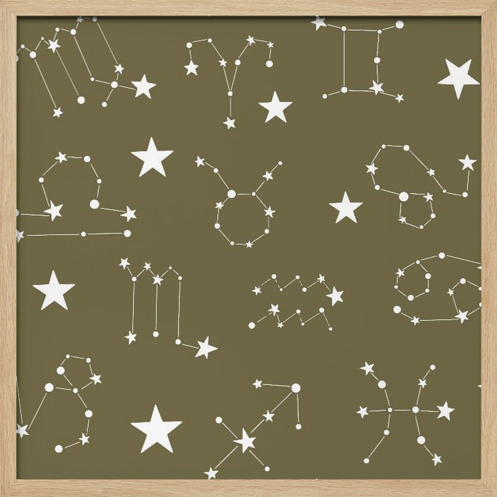 Celestial Constellation Boho-Moon and Stars In Dark Neutral-Olive Poster