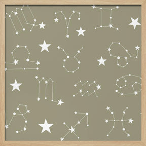 Celestial Constellation Boho-Moon and Stars In Dark Neutral - Olive Slate Poster