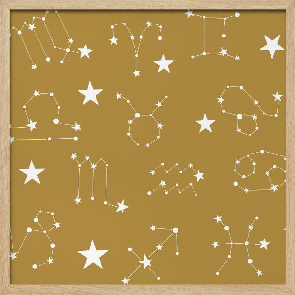 Celestial Constellation Boho-Moon and Stars In Dark Neutral-Mustard Poster