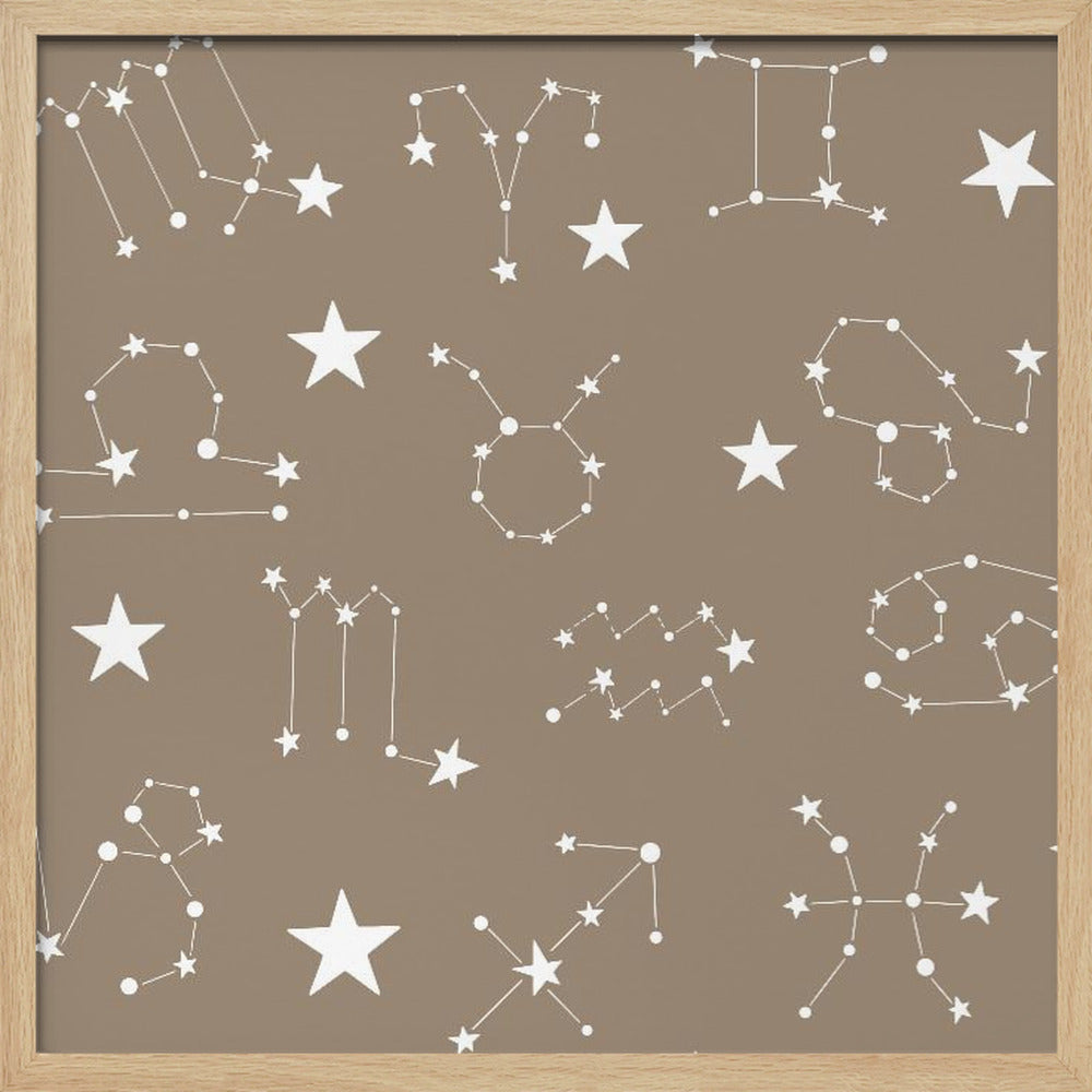 Celestial Constellation Boho-Moon and Stars In Dark Neutral- Taupe Poster