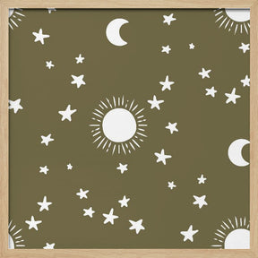 Celestial Dreamscape - Neutral Stars &amp; Shooting Stars Nursery- Olive Poster