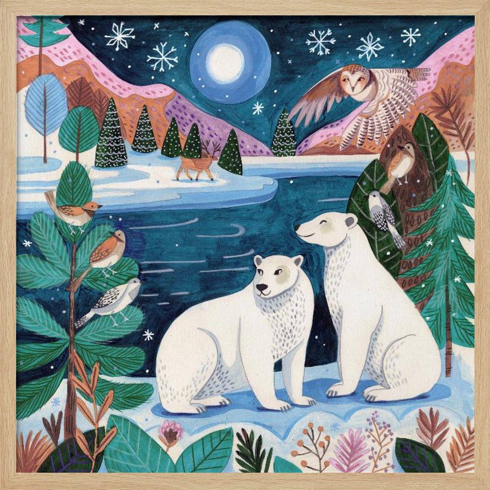 Polar bears Christmas at the North Pole under the moon Poster