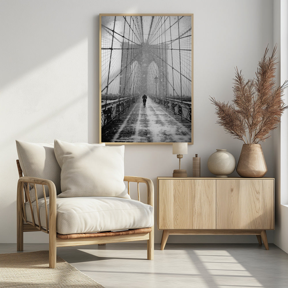 New York Walker in Blizzard - Brooklyn Bridge Poster