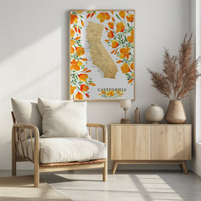 California map with watercolor poppies Poster