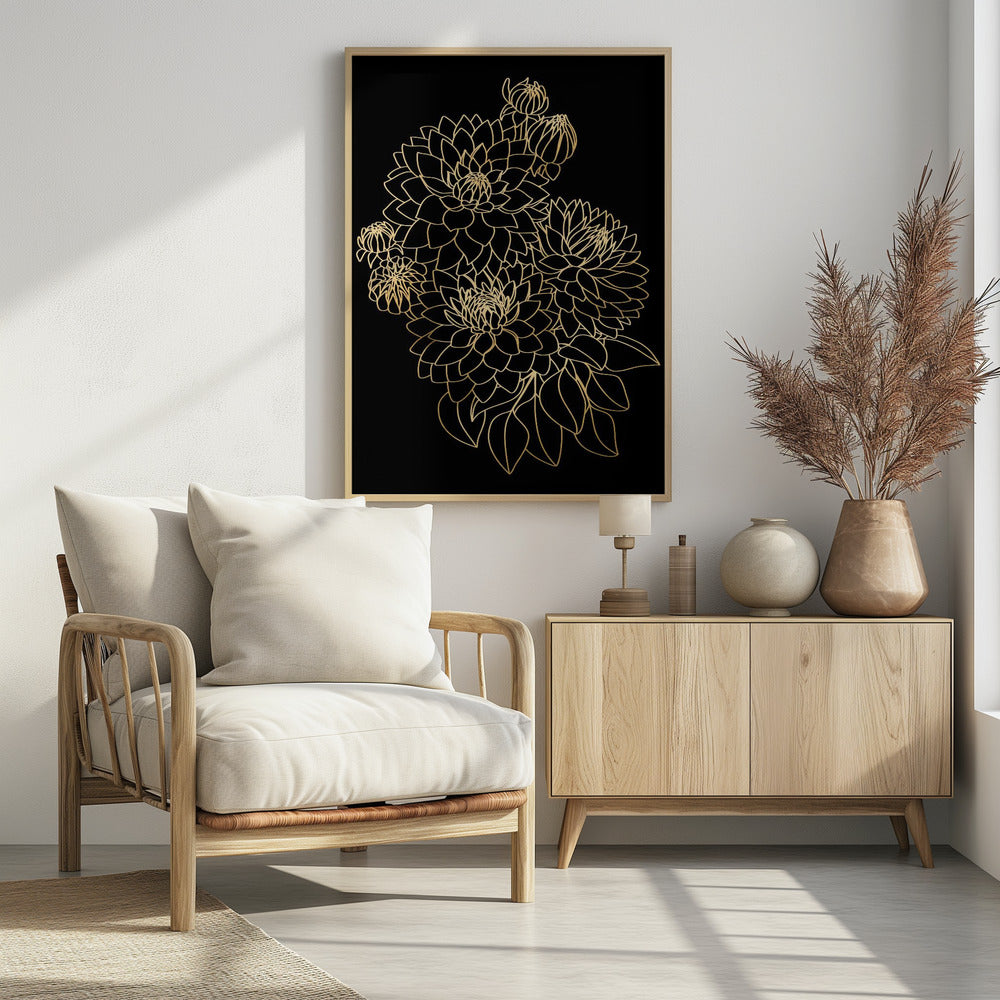 Pacey dahlias bouquet in gold and black Poster